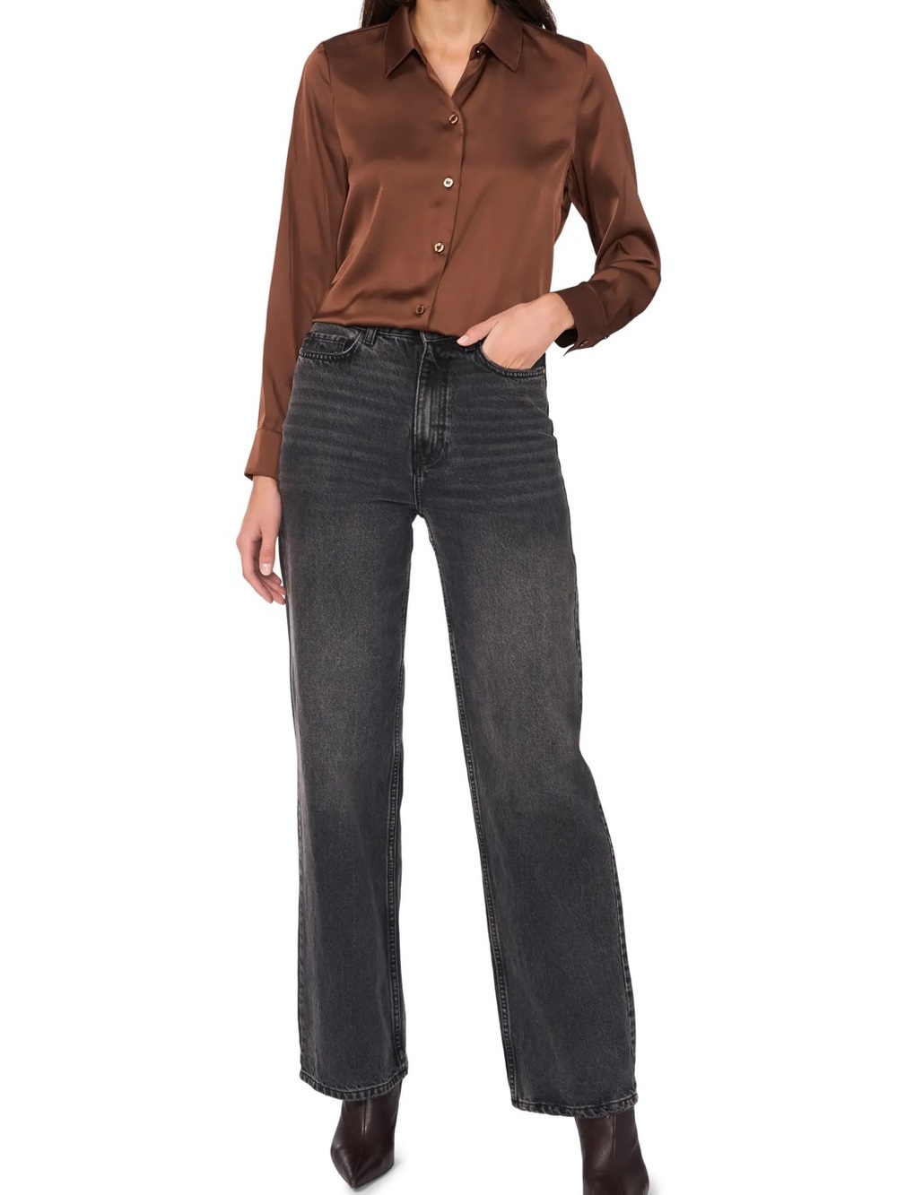 Rachel Zoe Satin Button-Down Blouse in Warm Brown M